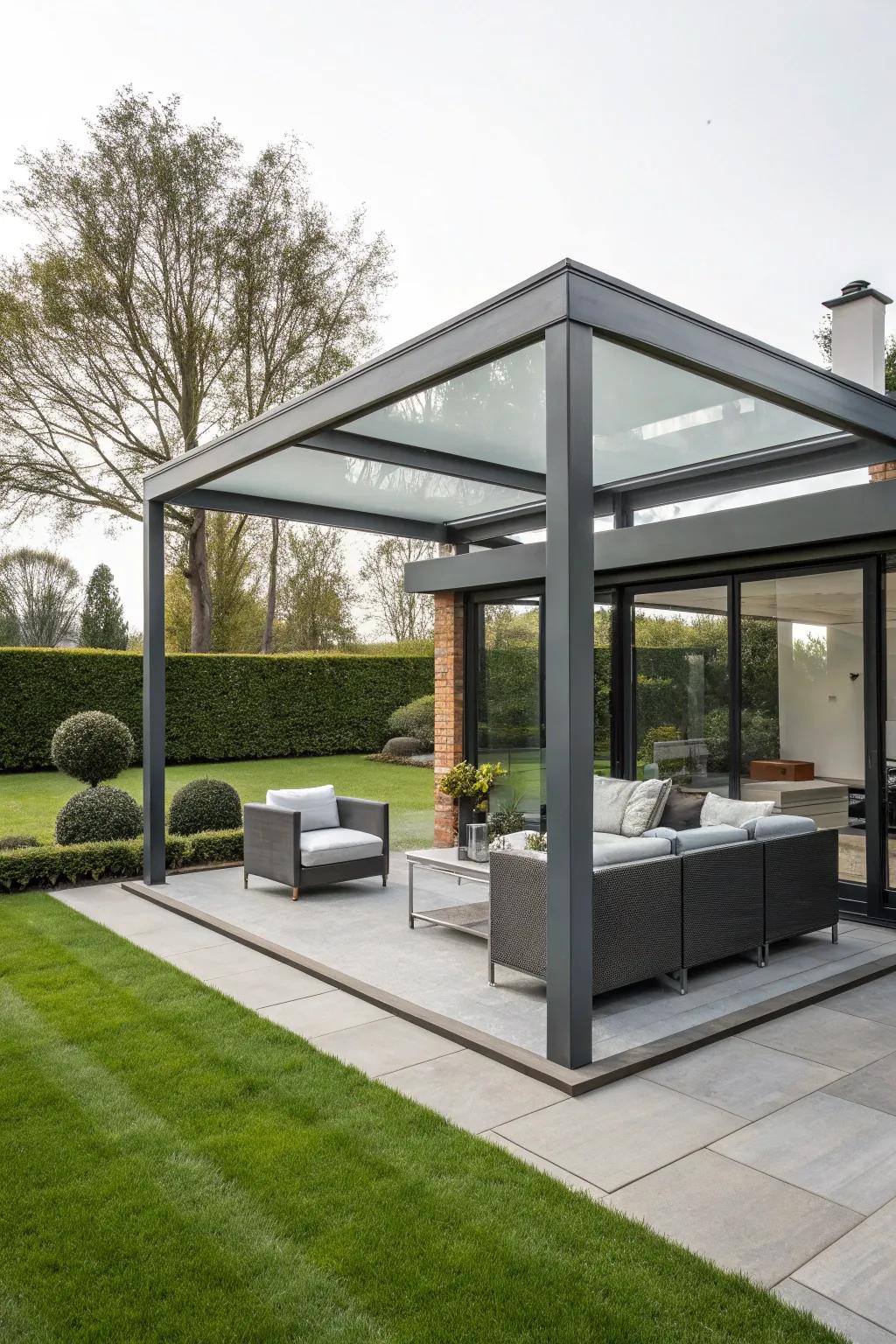 A minimalist steel and glass gazebo that integrates perfectly into a modern backyard design.