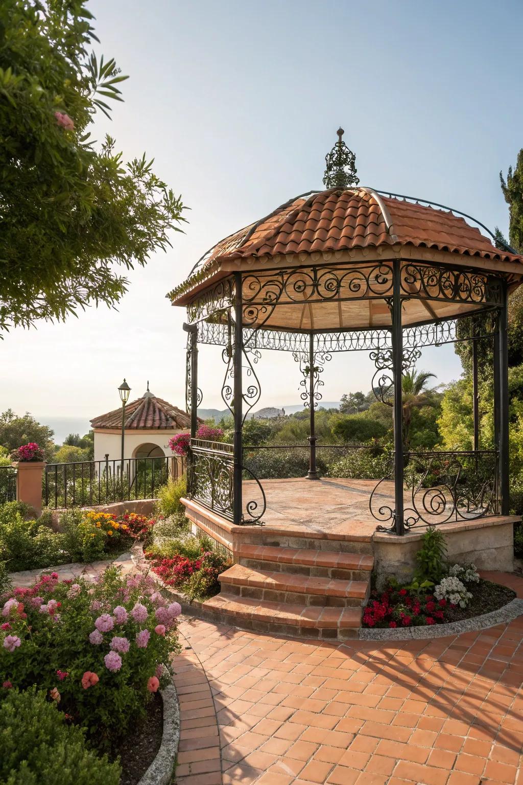 A Mediterranean-style gazebo that radiates warmth and refinement.