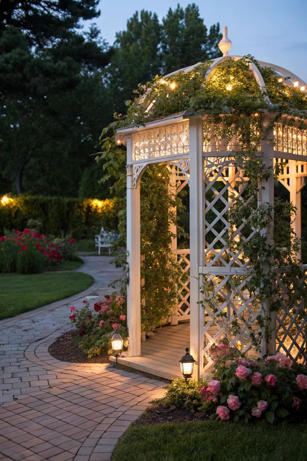 A garden lattice gazebo making an intimate outdoor space.