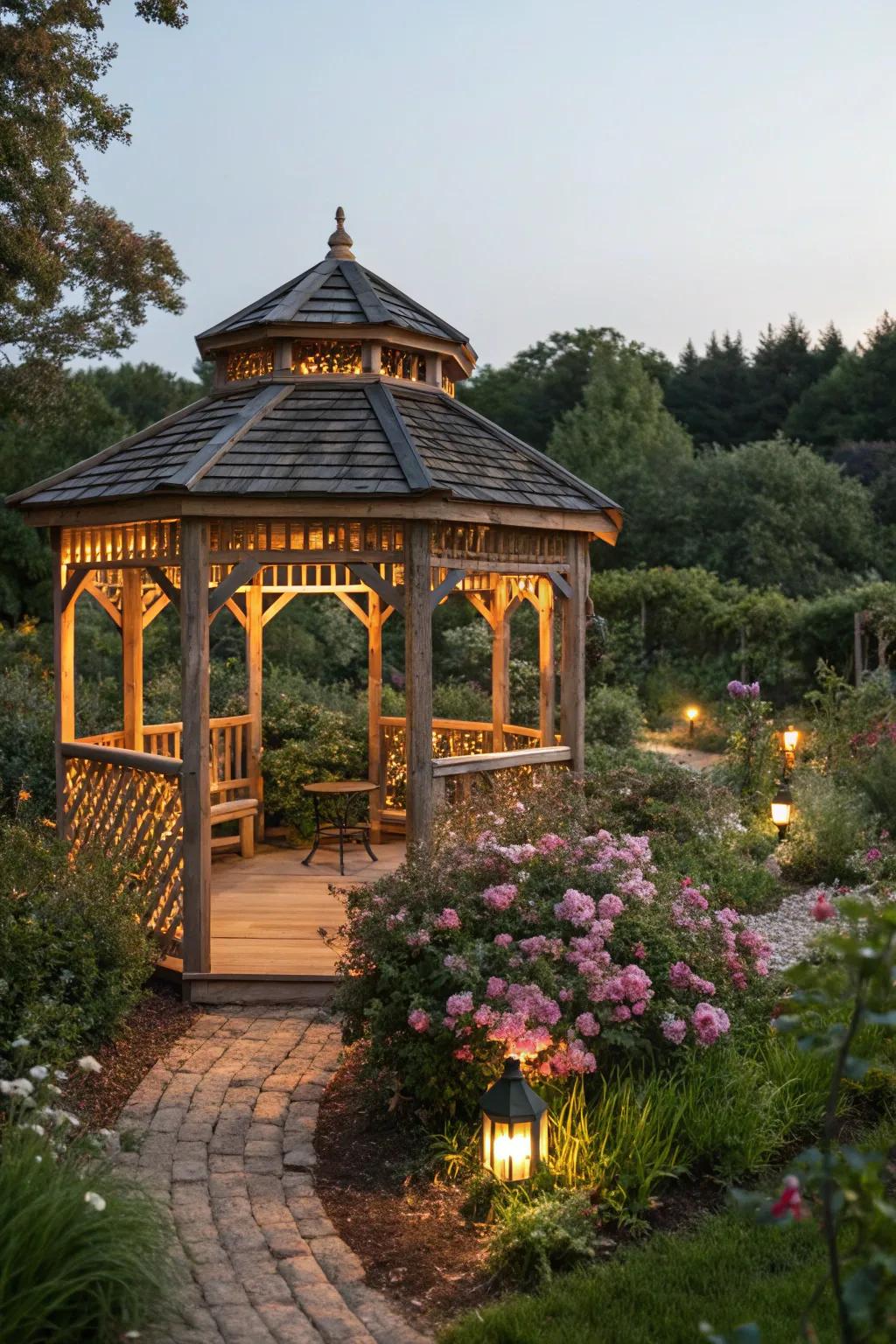 A rustic wood slat gazebo offering a welcoming and comfortable outdoor retreat.