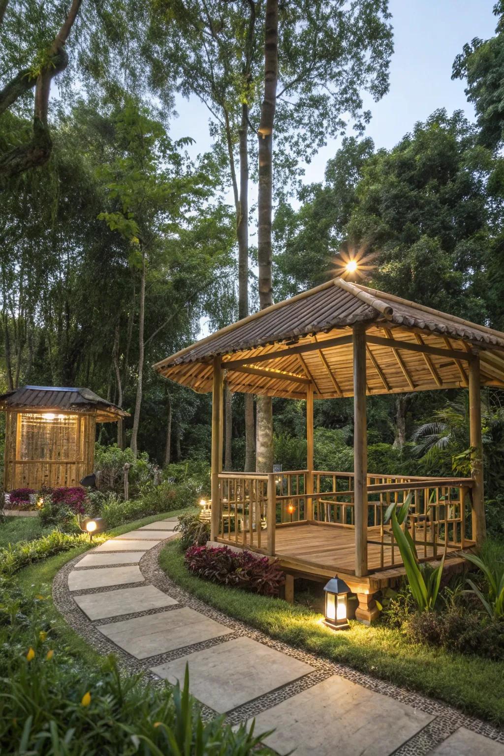 An eco-friendly bamboo gazebo providing a peaceful and sustainable outdoor area.