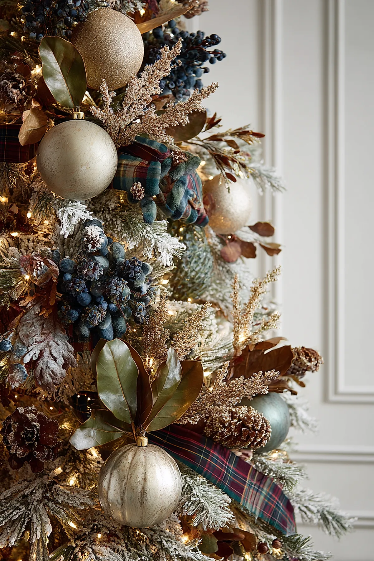 Close-up of a traditional christmas tree decorated with green, red, and blue tartan ribbon bows, gold glittery and matte ball ornaments, frosted blue berry clusters, pinecones dusted with artificial snow, all illuminated by warm white string lights.
