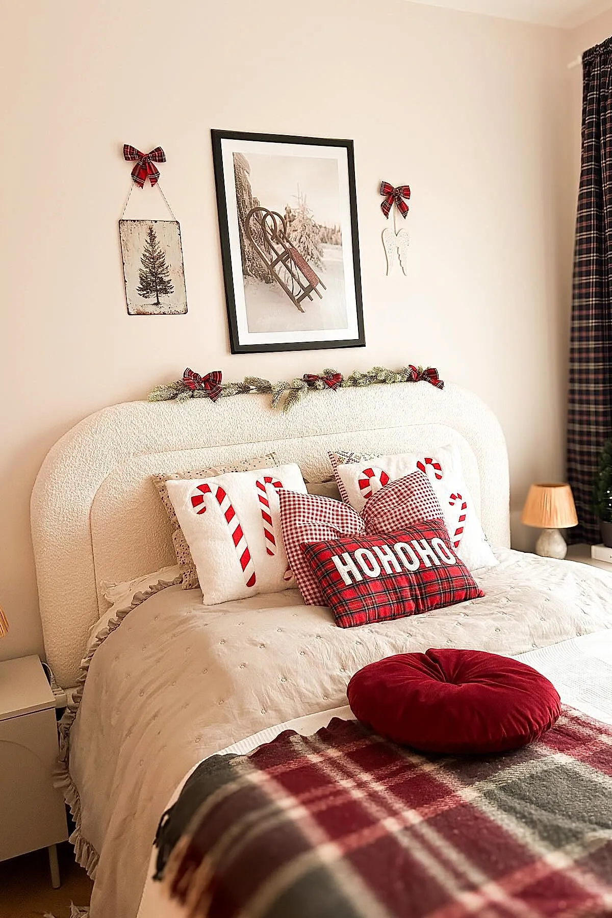 Christmas bedroom featuring a cream textured upholstered headboard decorated with greenery and red plaid bows, white bedding with candy cane print pillows, red and white gingham pillow, red plaid rectangular pillow with 'HOHOHO' text, round red velvet cushion, and a red plaid throw blanket on the foot of the bed.