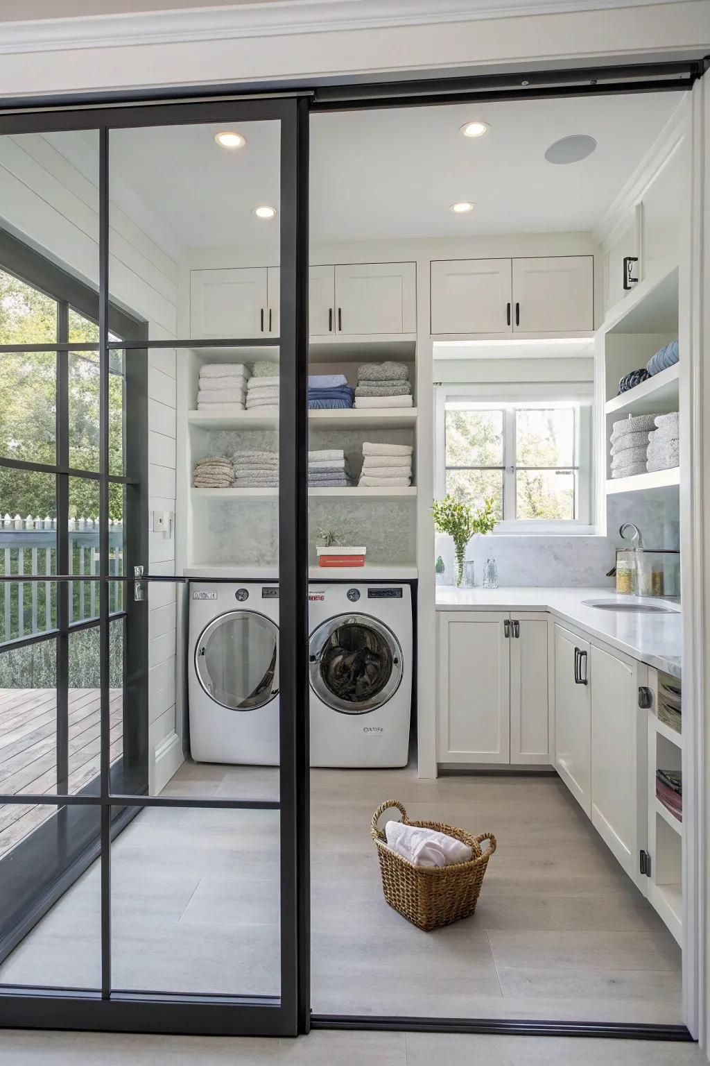 Glass doors create a modern and bright laundry environment.