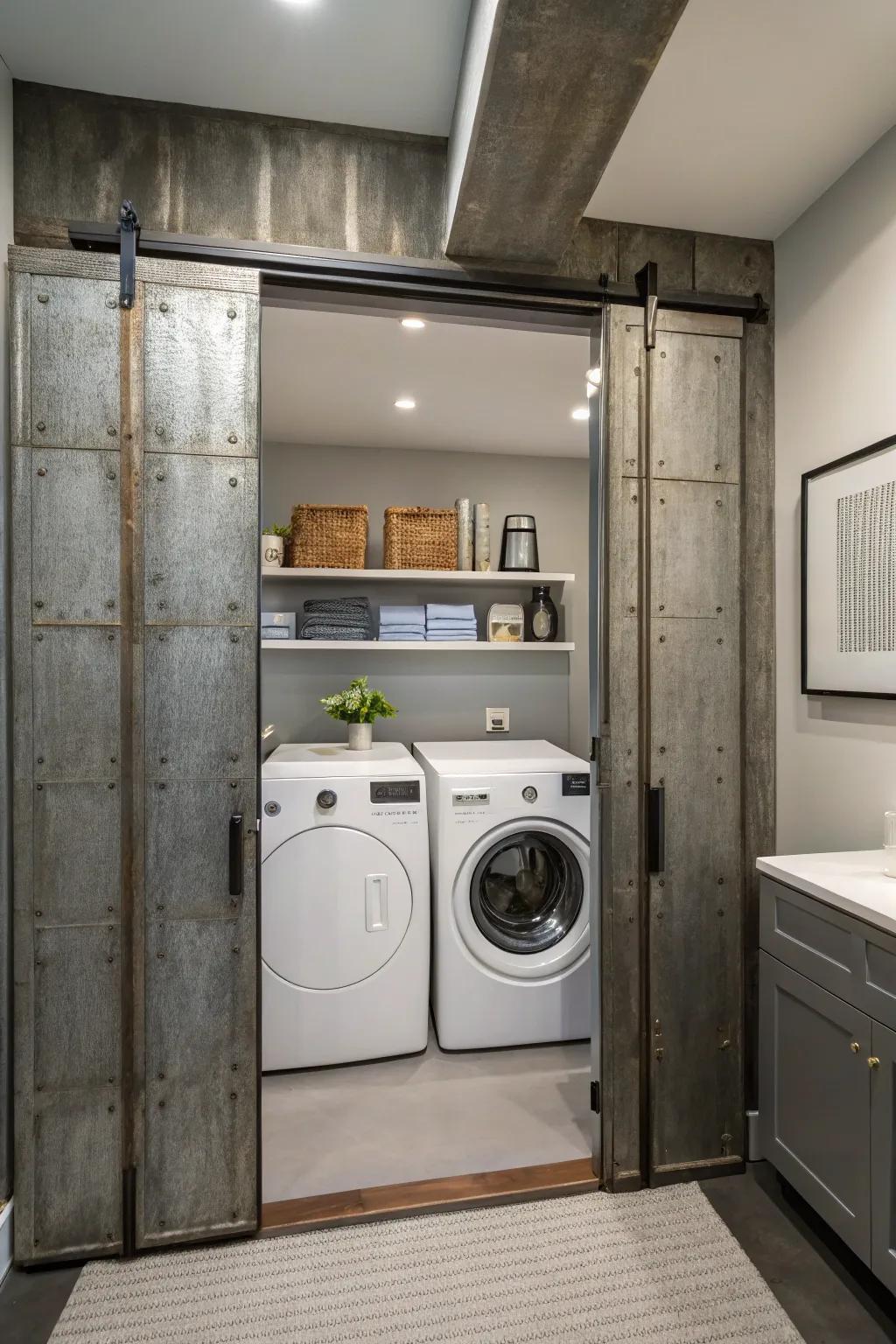 Metal doors add an industrial edge to your laundry area.