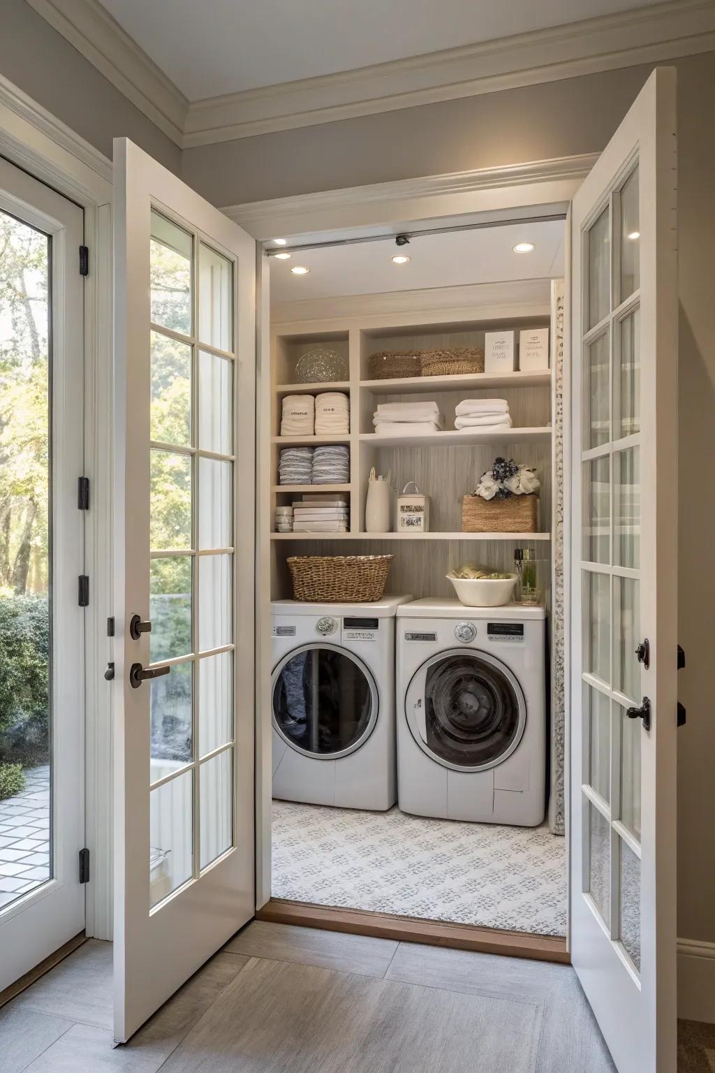 Double doors bring elegance and light to your laundry area.