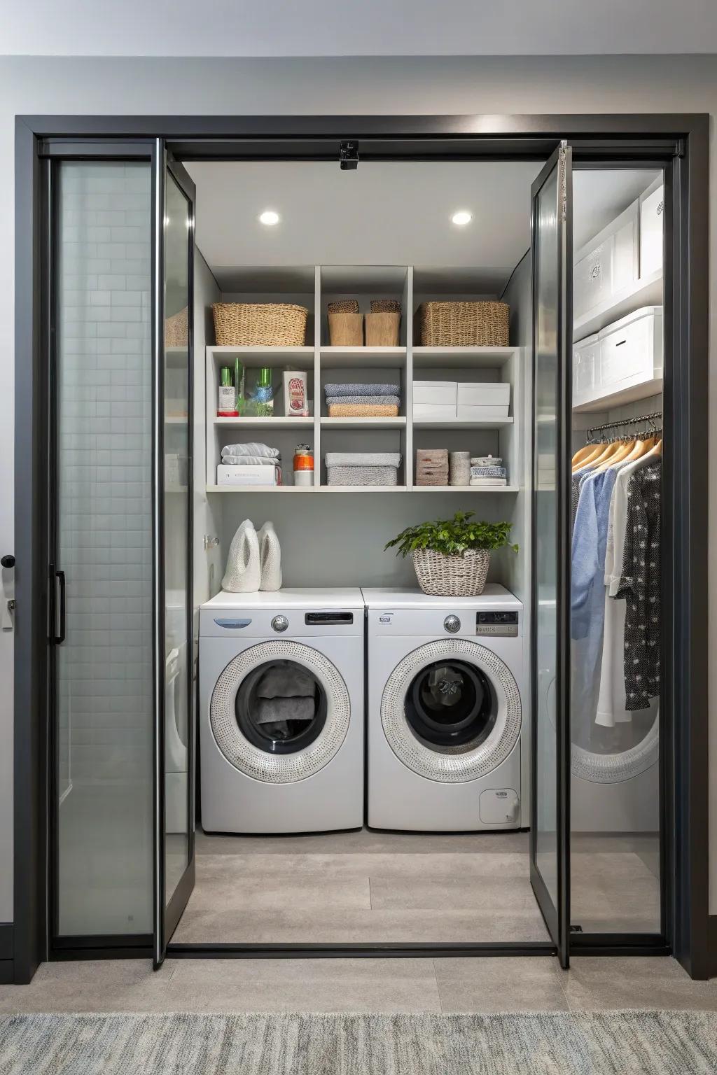Folding doors provide a space-efficient solution for compact laundry areas.