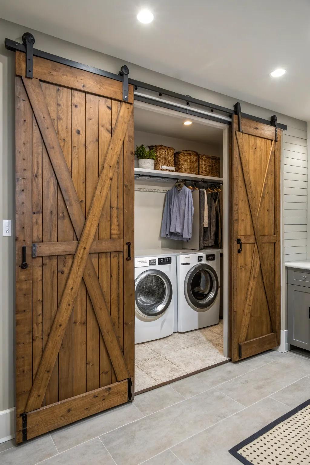 Sliding farmhouse doors add a rustic appeal while freeing up valuable space.