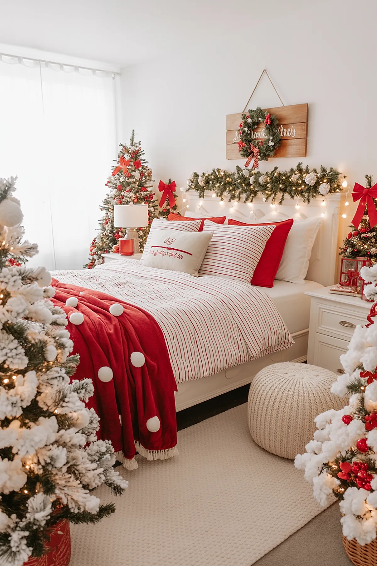 Christmas bedroom decorated with red and white striped bedding, red pillows, a cozy red blanket with white pom-poms draped over the bed, garland with lights along the headboard, multiple small Christmas trees adorned with red bows and ornaments, a wreath hanging on a wooden sign above the bed, and soft natural light from sheer curtains.