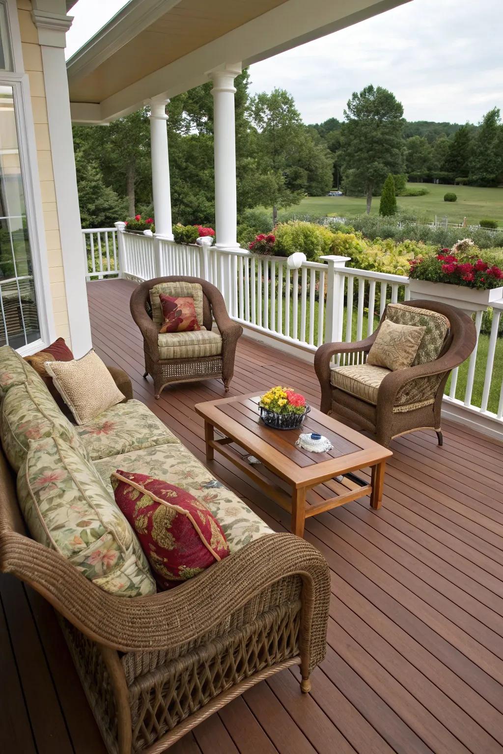 Lush rouge and cream create a luxurious and sophisticated deck ambiance.