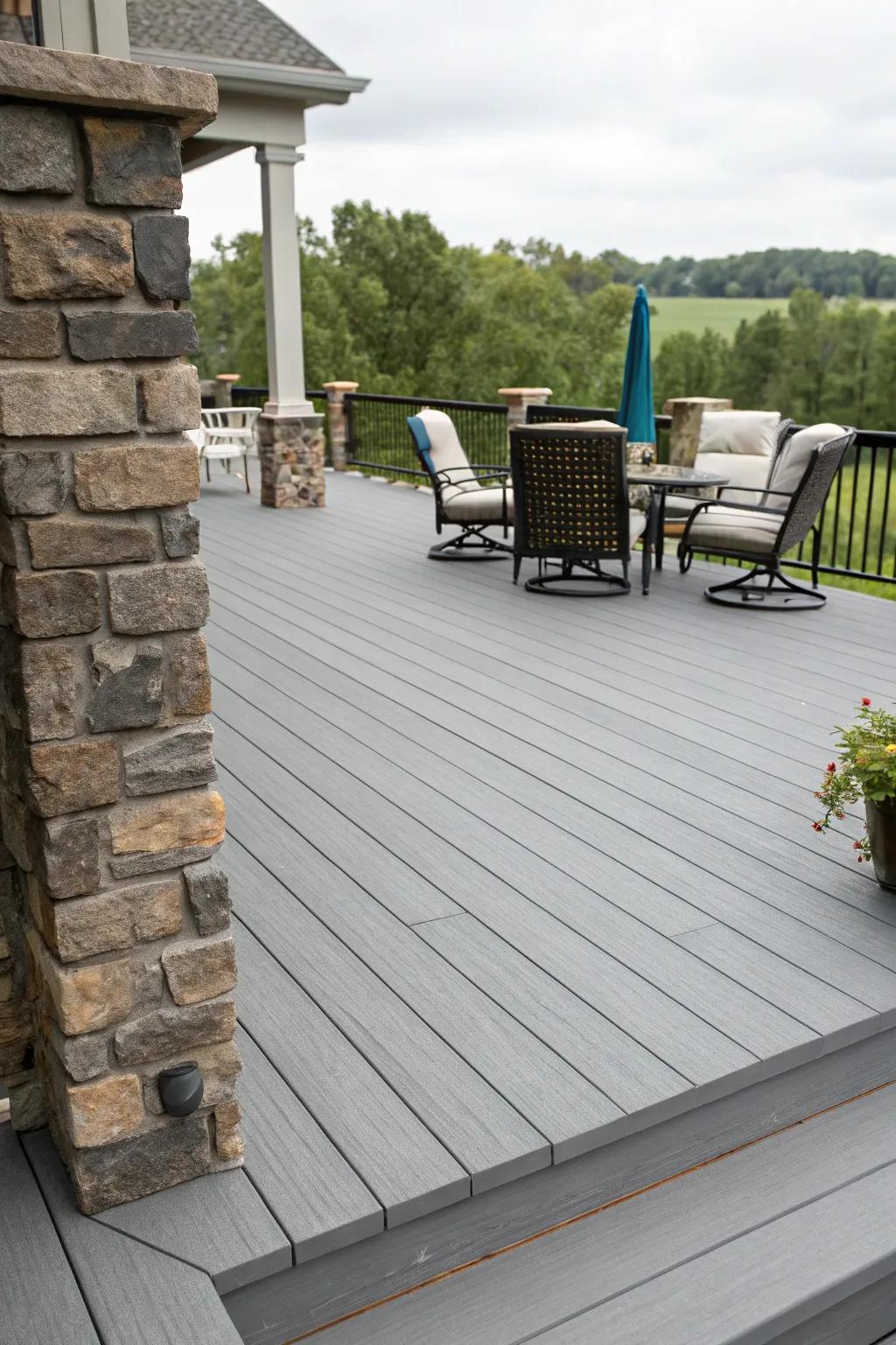 Chic gray and stone create a smooth and fashionable outdoor escape.