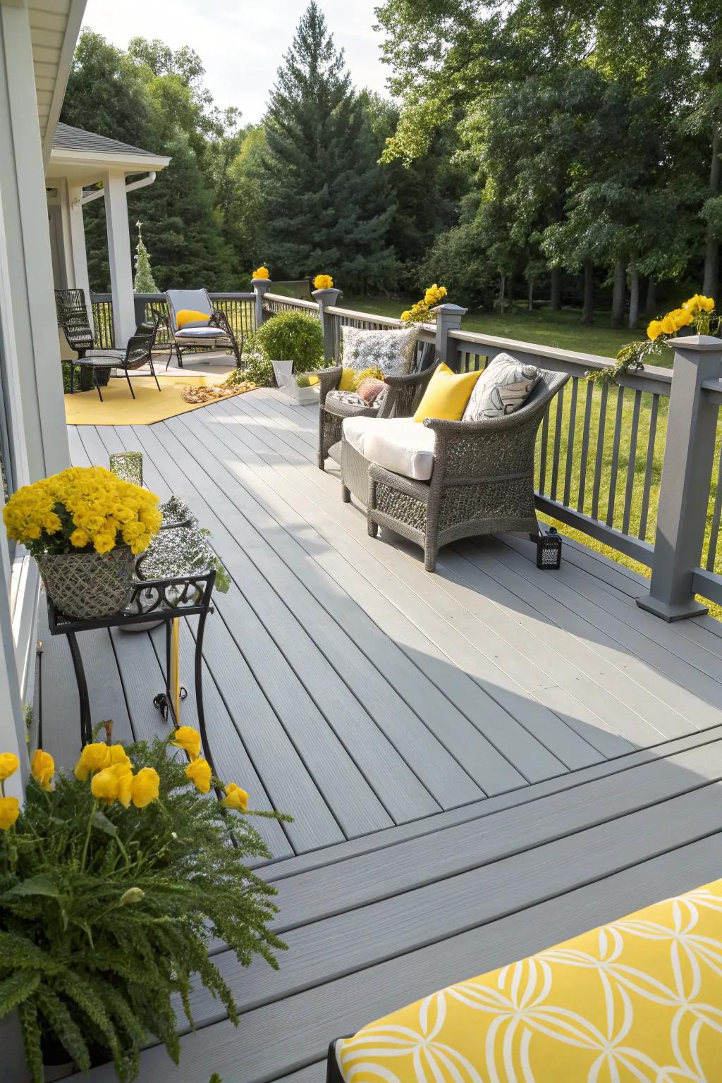 Bright gold and soft gray create a warm and welcoming outdoor area.