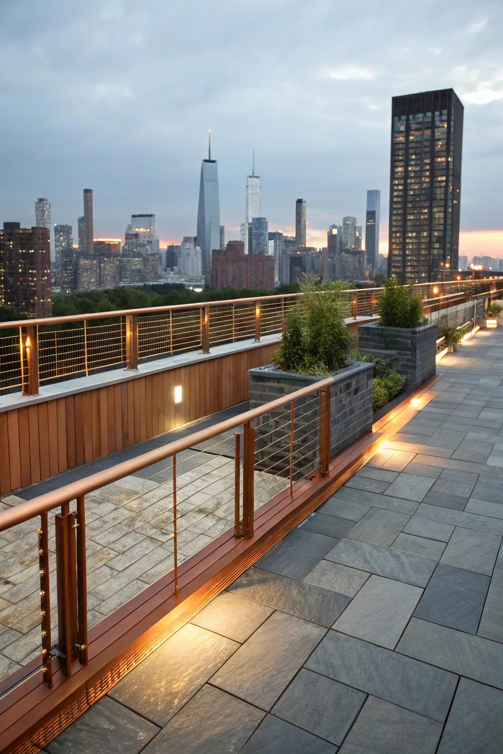 Bronze and slate offer a warm, industrial vibe for an urban deck.