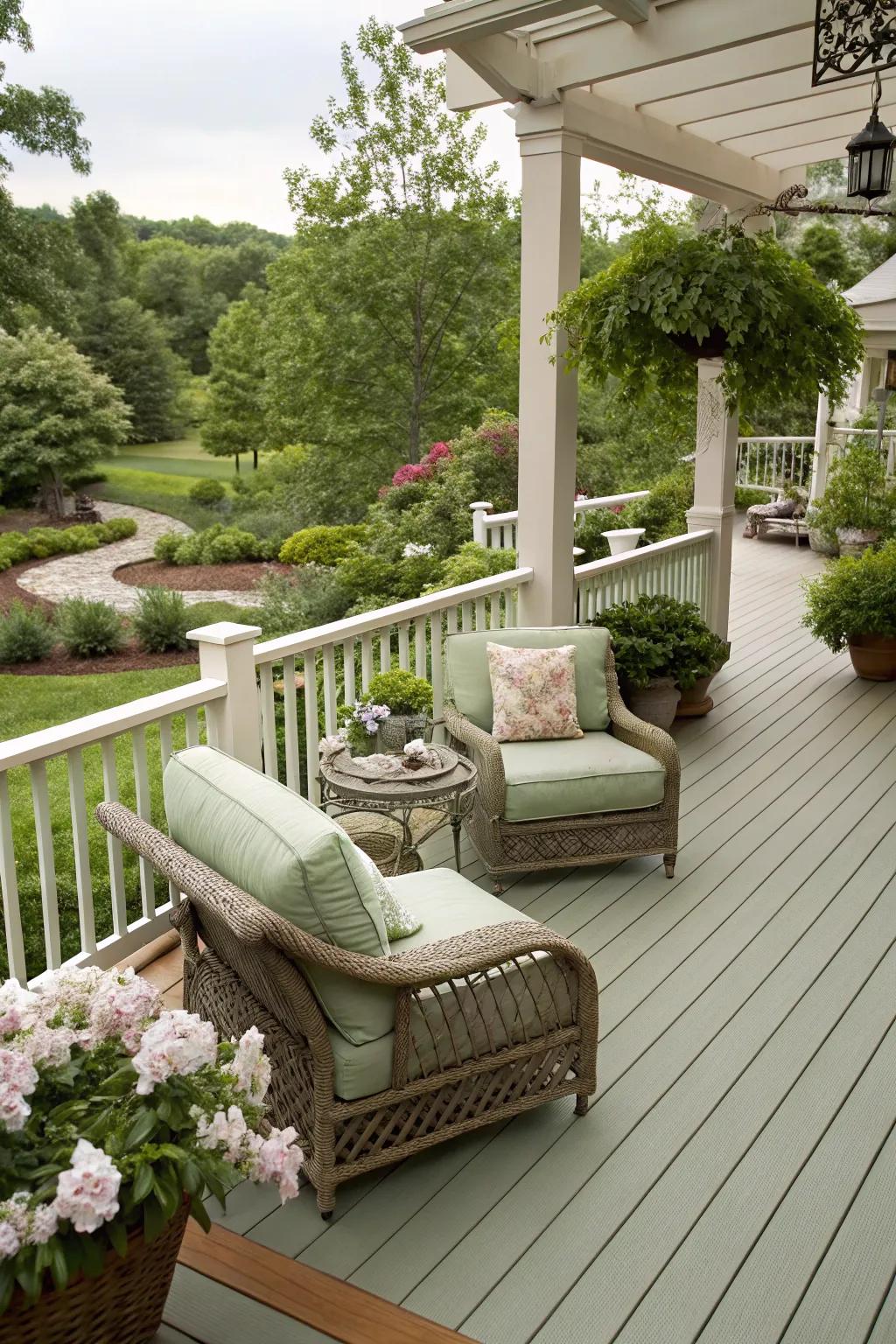 Grass and cream offer a serene and tranquil deck experience.