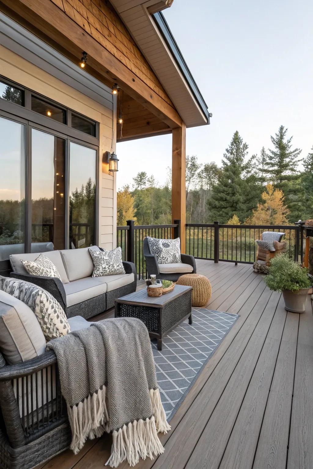 Stone and light oak combine modern elegance with rustic charm.