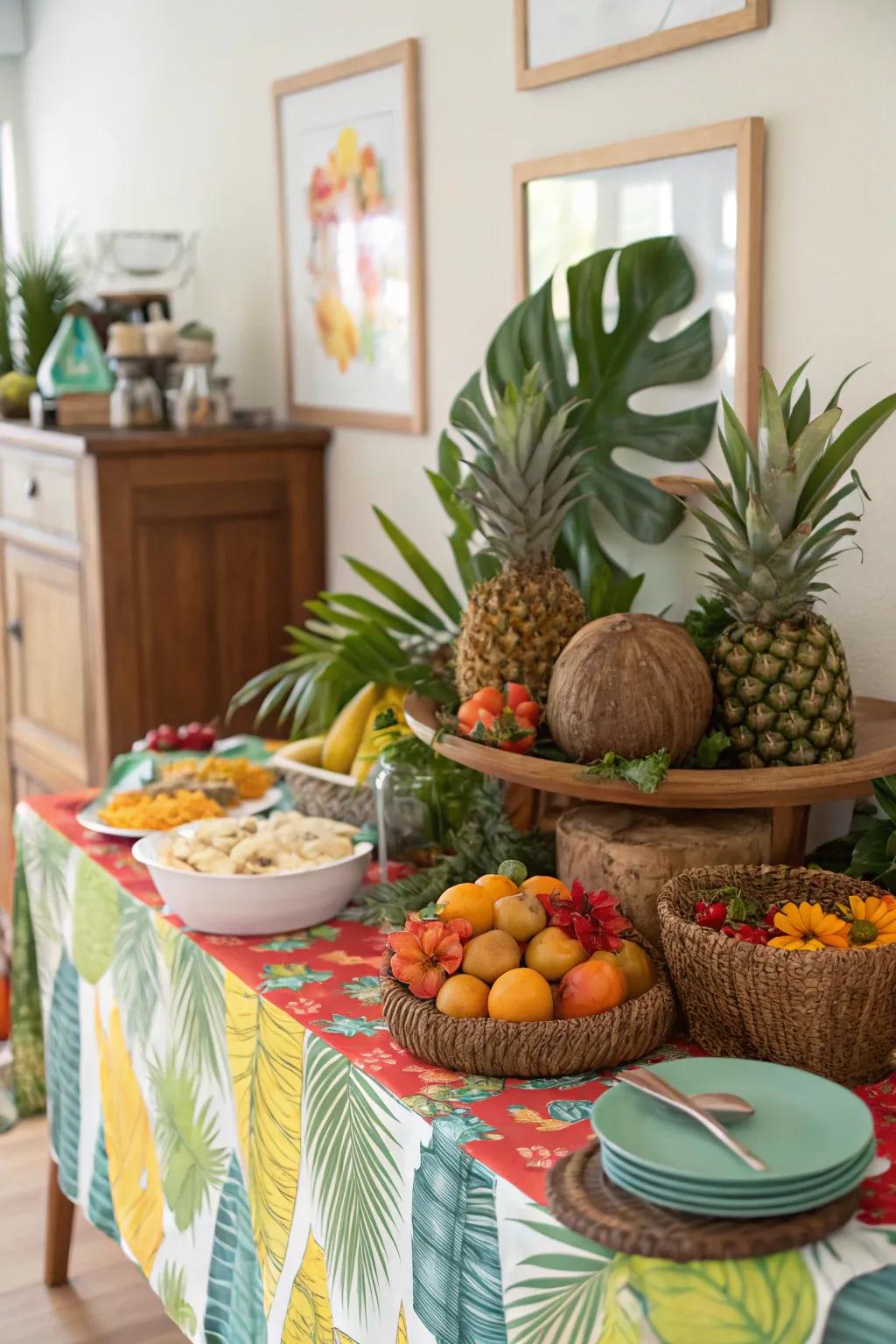 A tropical-themed buffet brings a burst of color and joy to any gathering.