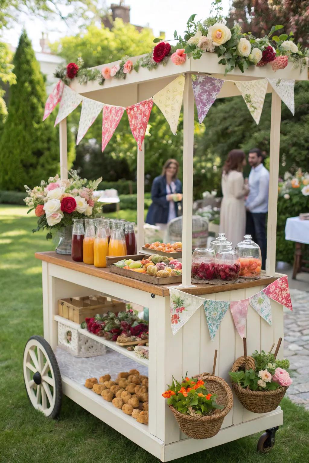 A mobile bar adds visual charm to outdoor buffet arrangements.