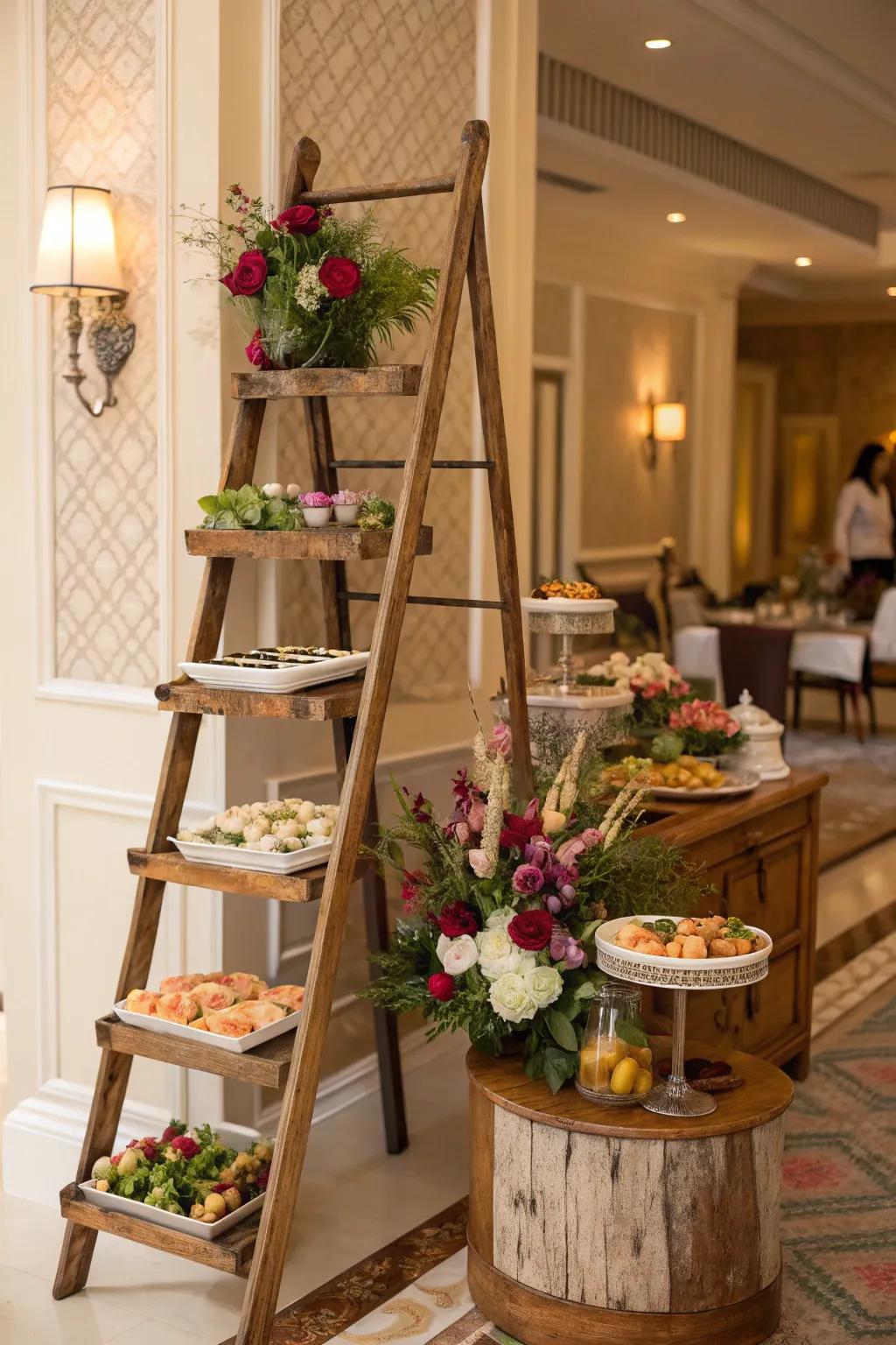 A staircase bar offers a visually unique and inventive buffet presentation.
