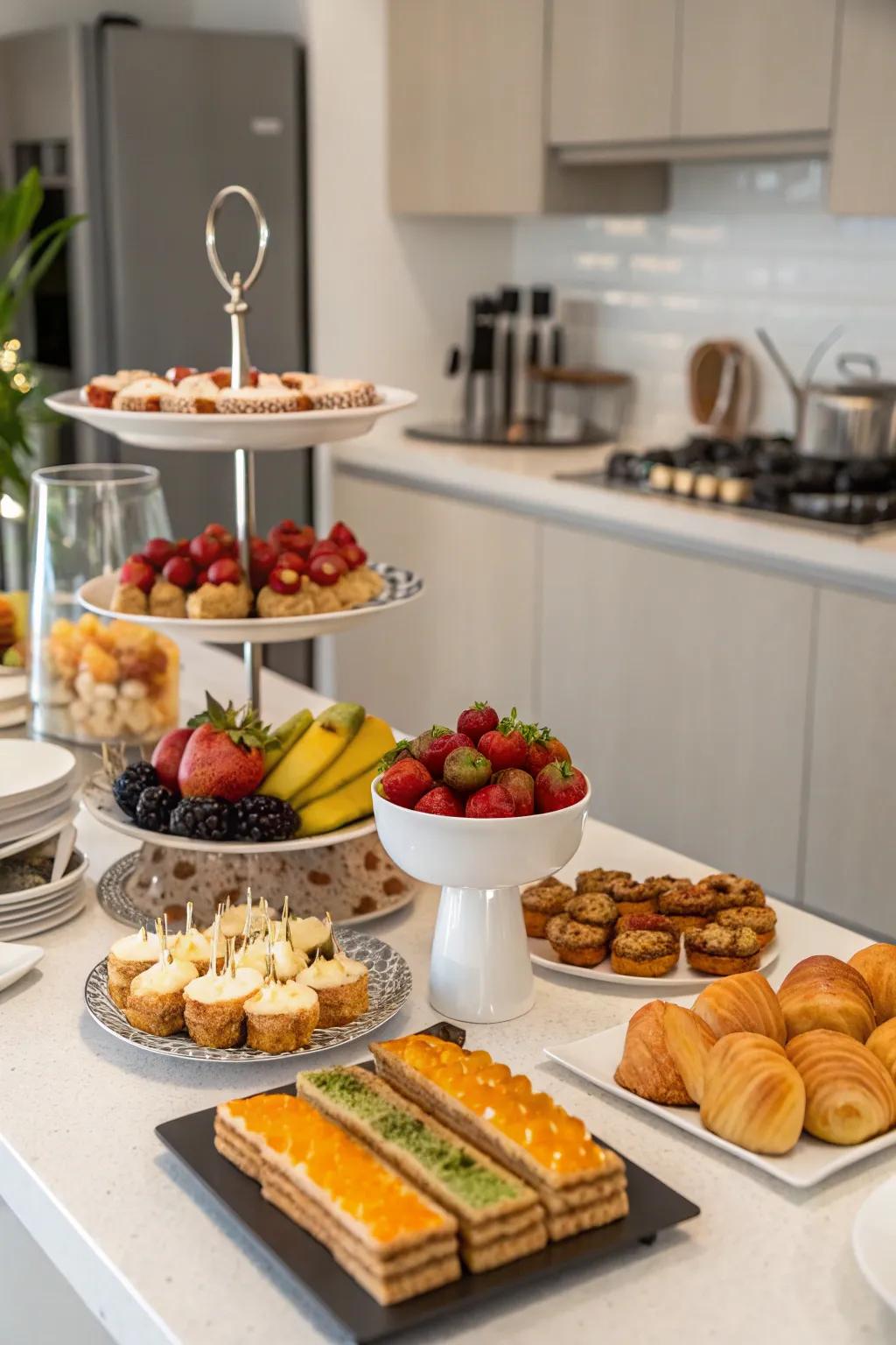 Make your buffet table more interesting by layering items at different heights.