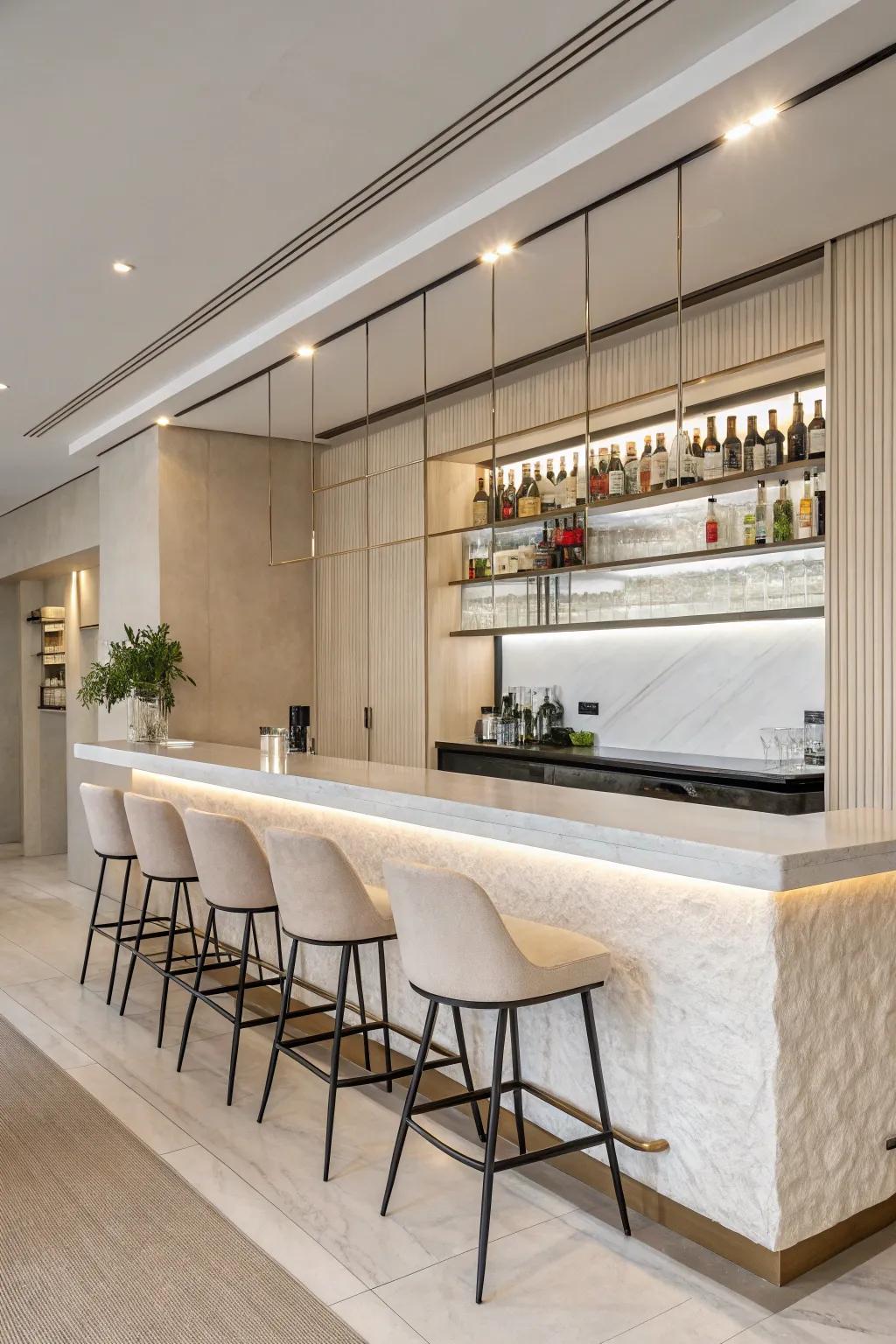 Contemporary simplicity brings a serene feel to your home bar.