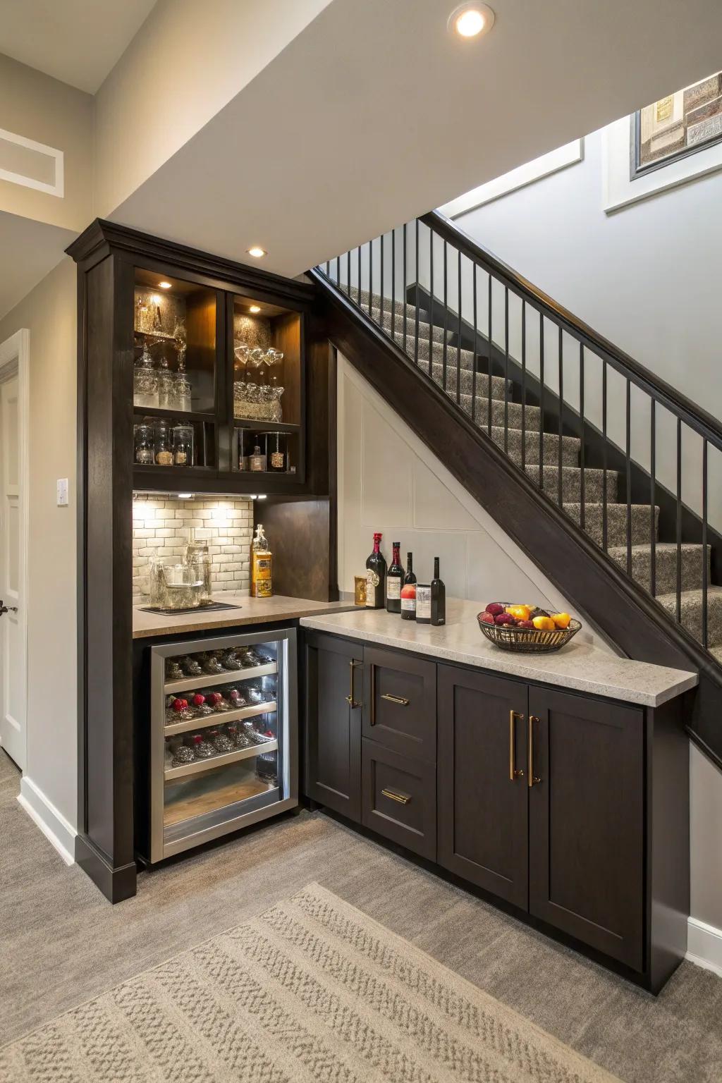Under-the-staircase bar, a clever use of unused space.