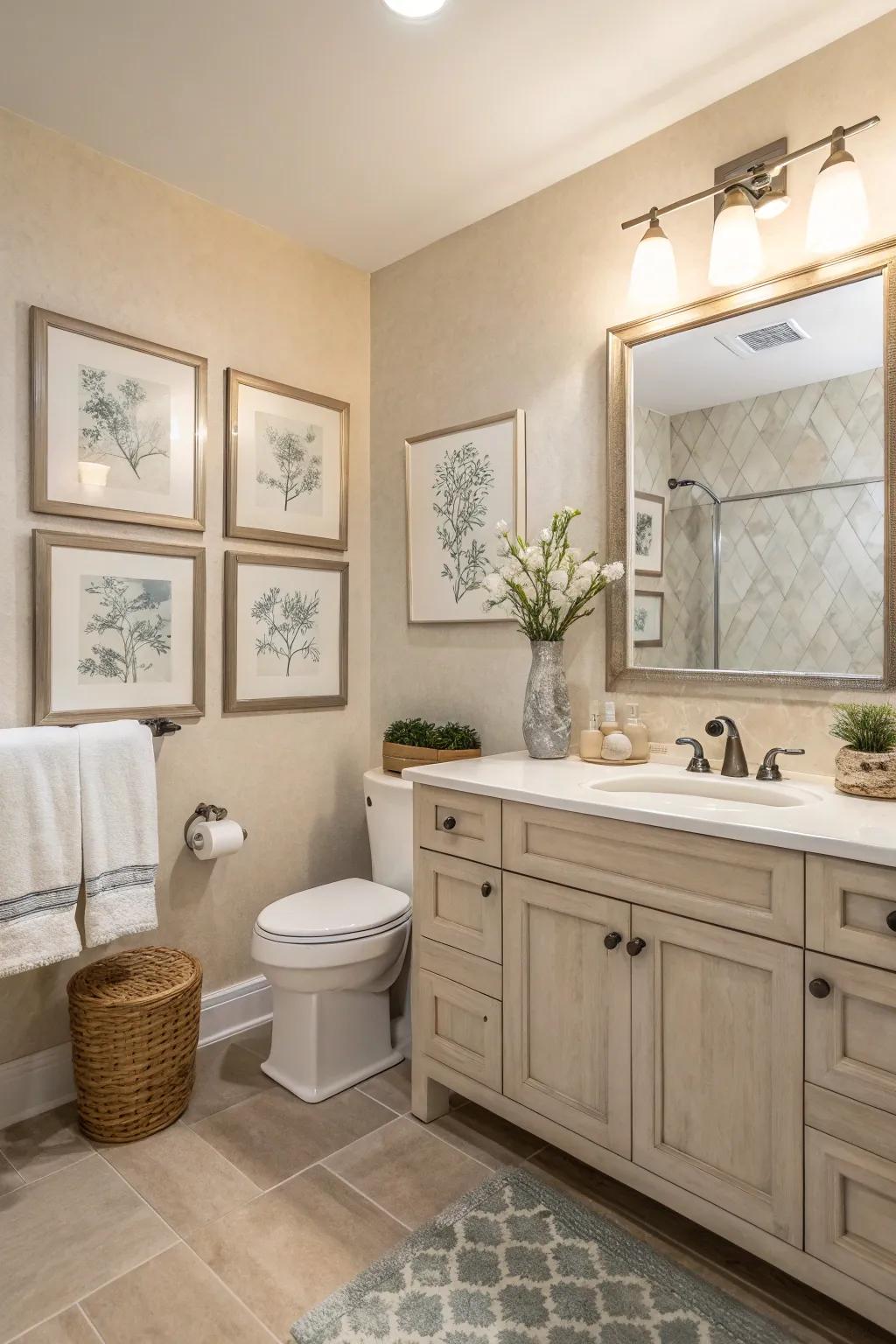 Understated wall decor adds a personal touch to this neutral bathroom.