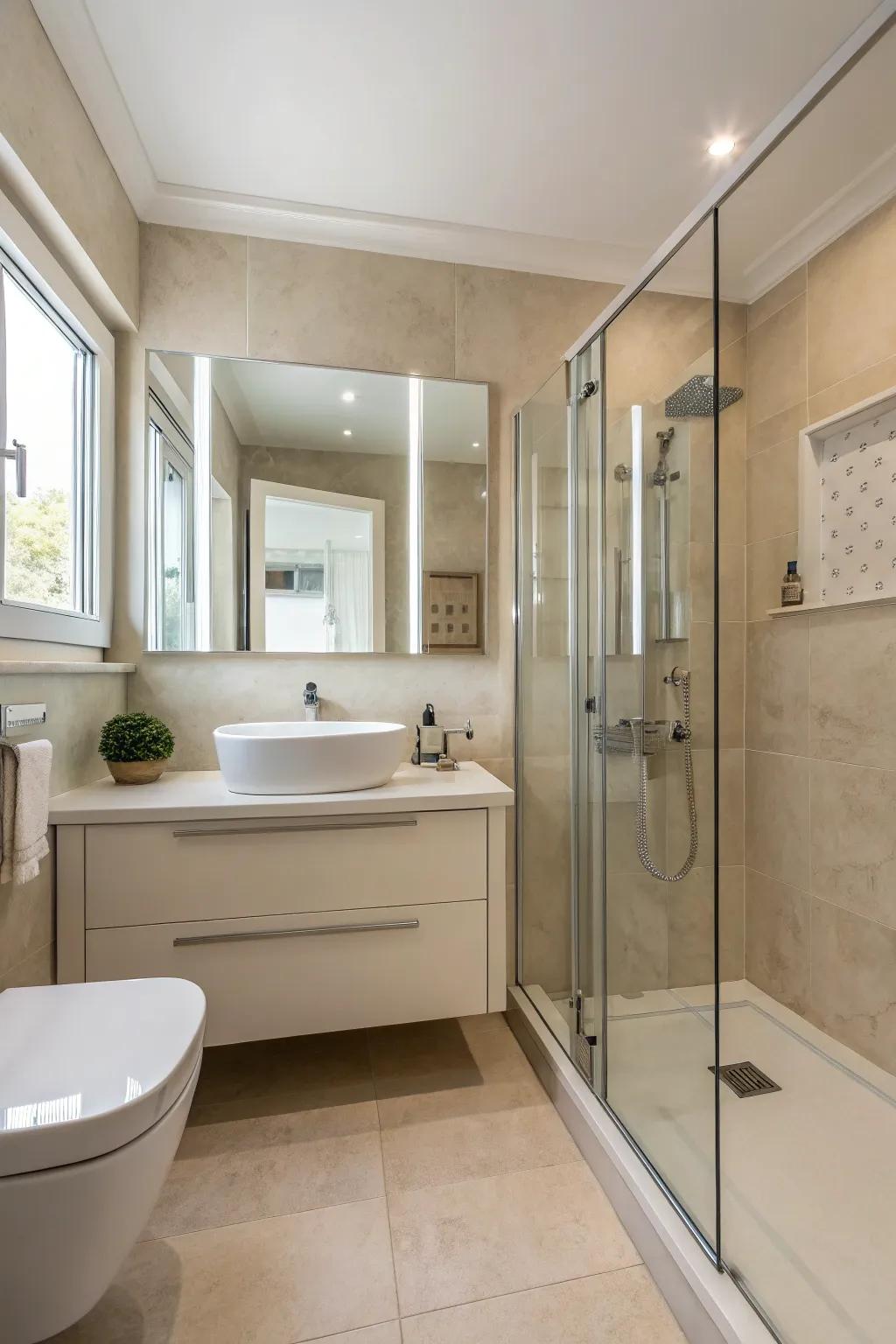 Modern minimalism keeps the neutral bathroom clutter-free.