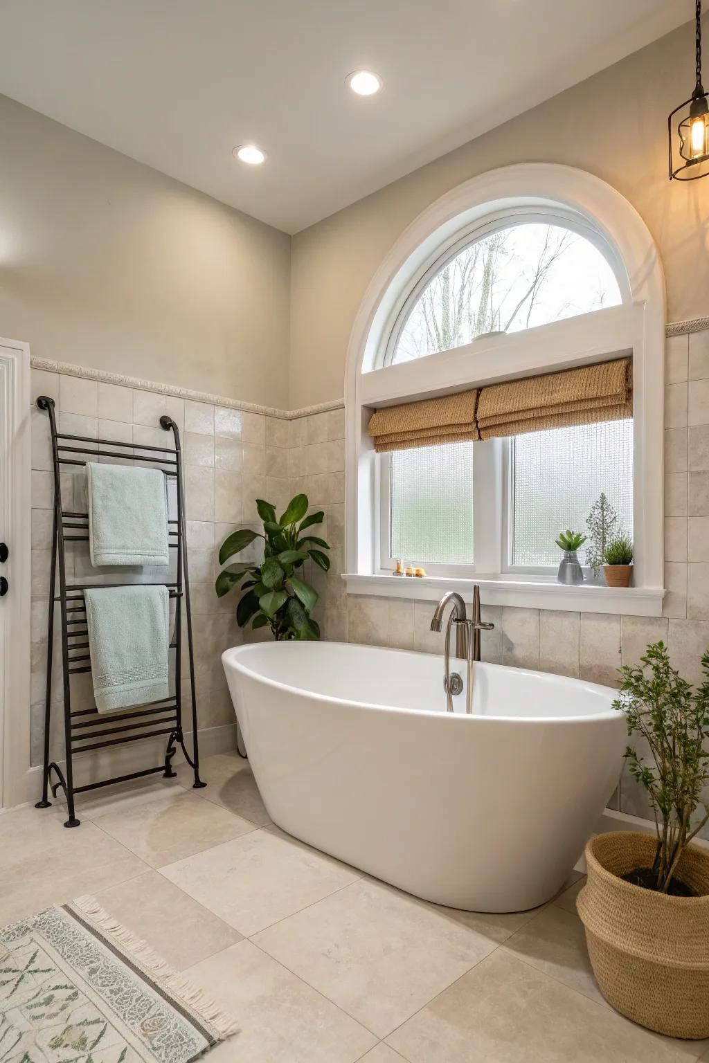 A standalone soaking tub serves as a luxurious centerpiece.