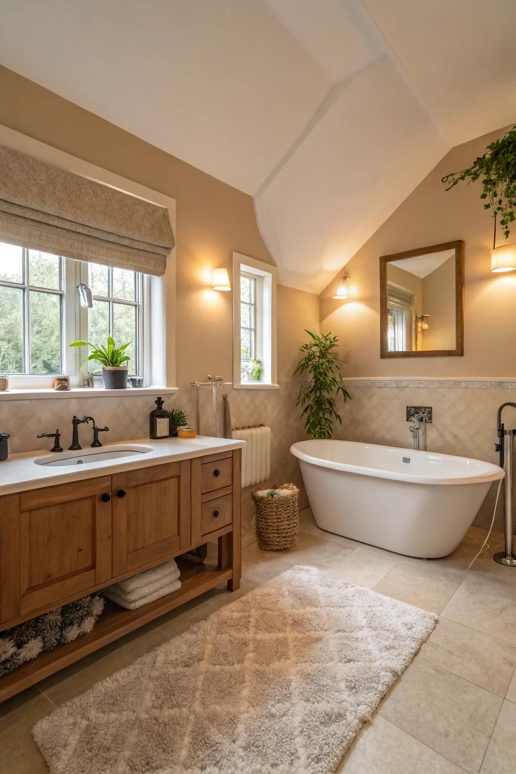 Soft lighting and warm tones create a cozy bathroom ambiance.