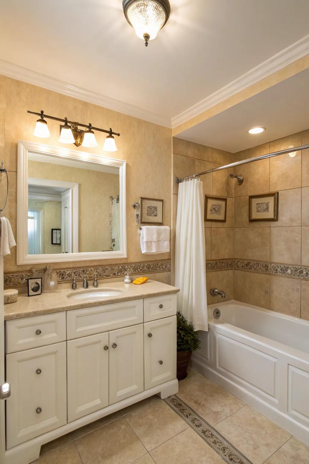 Beige hued walls create a calming backdrop in this neutral bathroom.