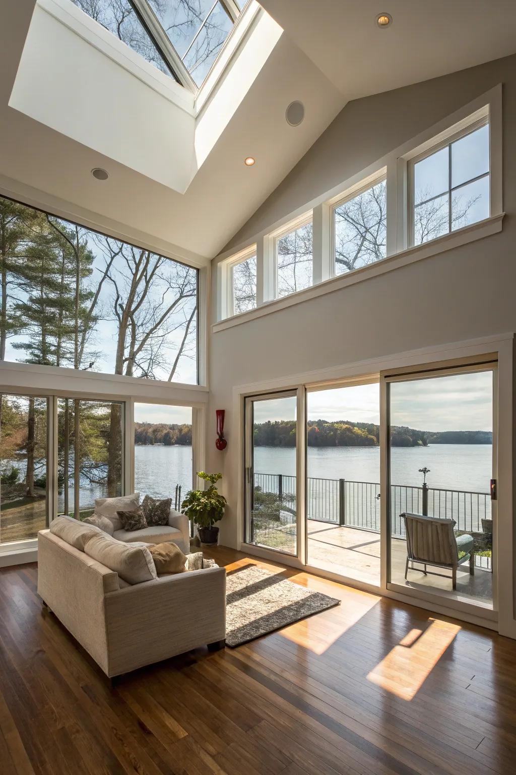 Overhead windows bring natural light and sky views indoors.