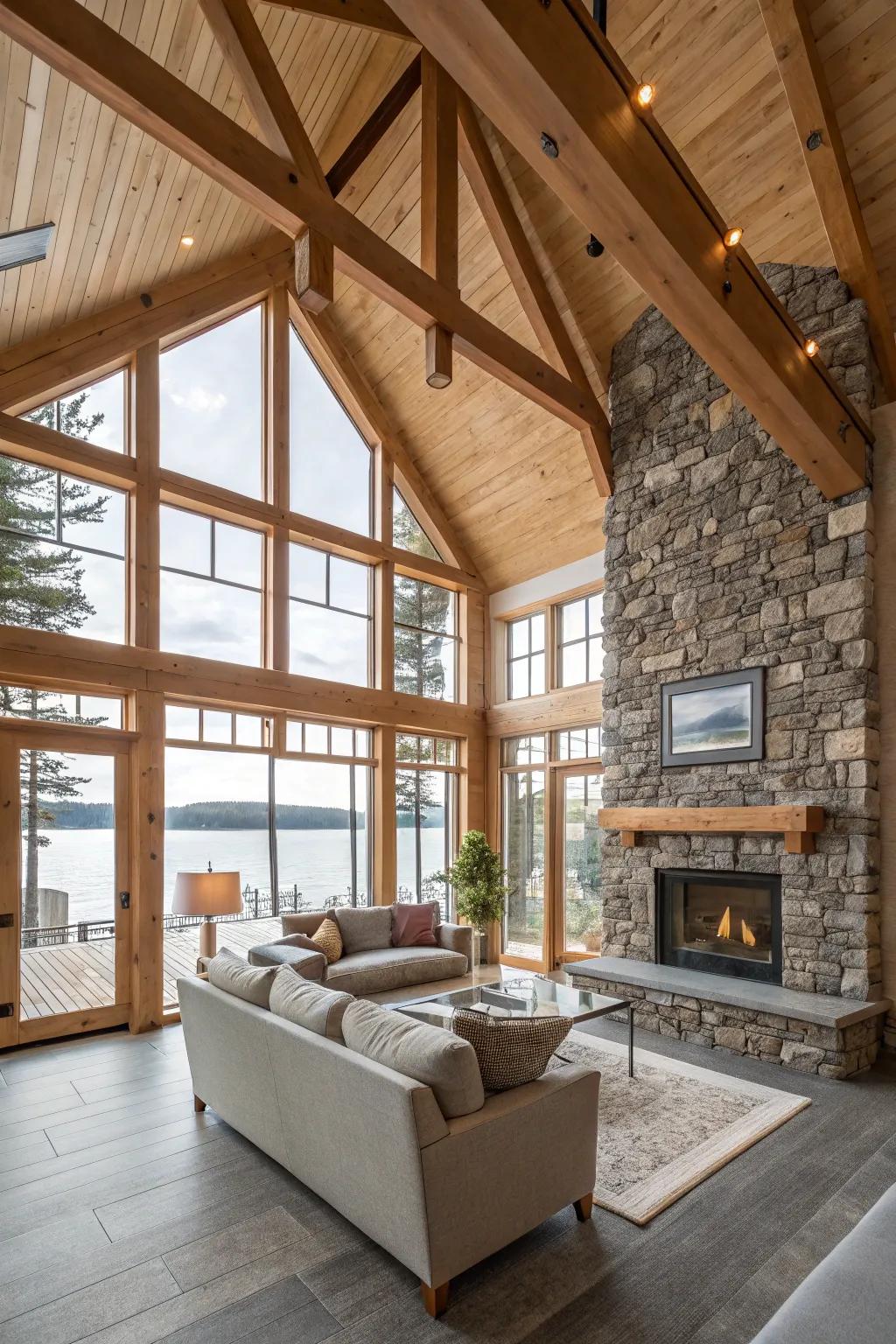 Earthy materials impart warmth and texture to your modern lake house.