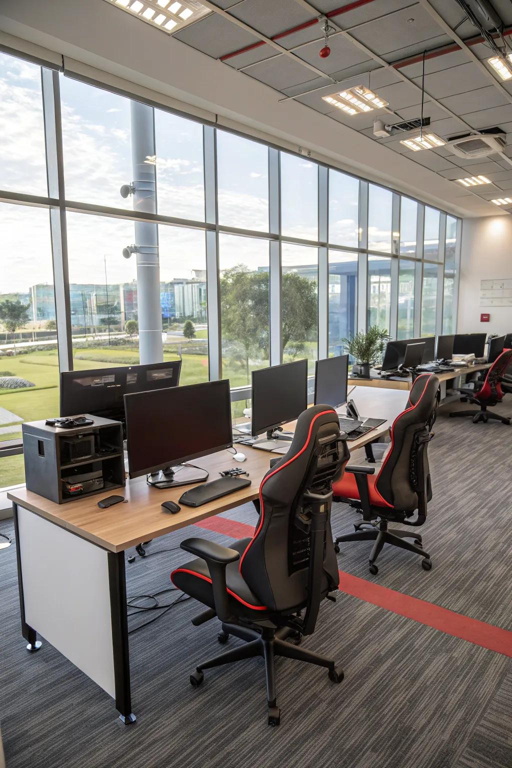 Ergonomic seats and desks for comfort and productivity.