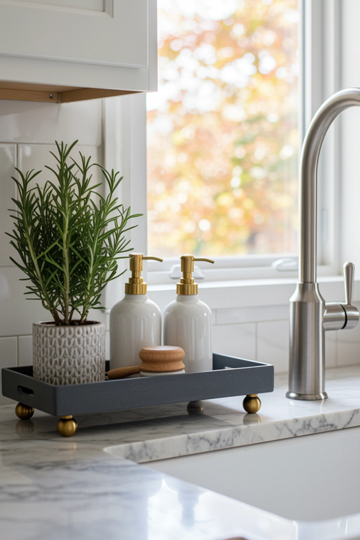 Marble kitchen countertop with a small tree in a pot, soap dispensers, and brush in a dark tray near a stainless steel faucet.
