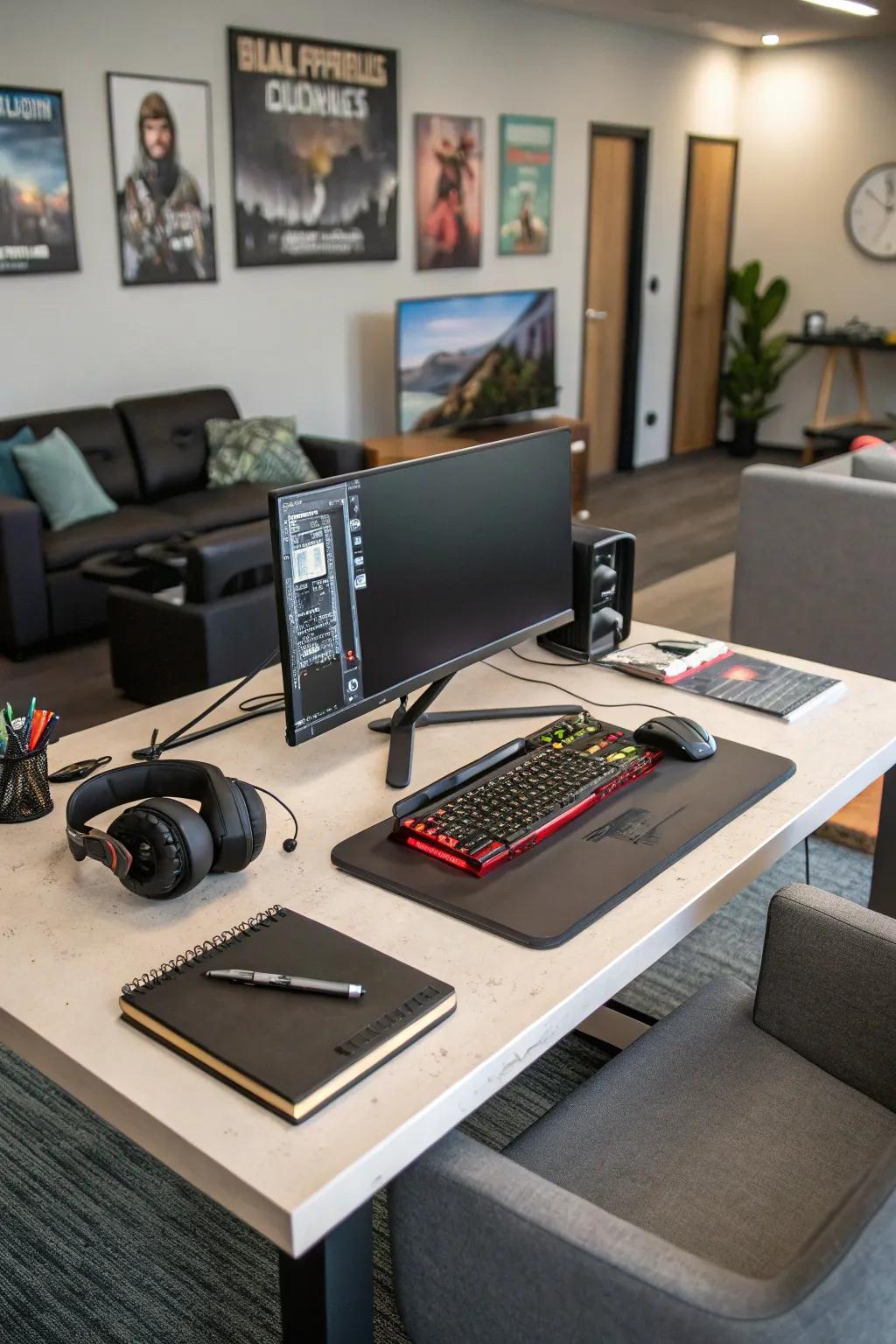 A multifunctional desk arrangement for smooth work-to-play transitions.