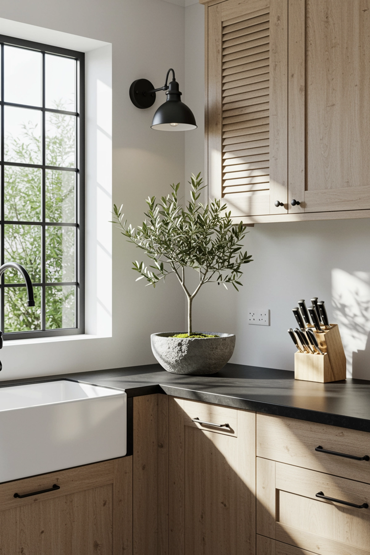Modern kitchen with wooden cabinets, black countertop, small olive tree in pot, knife block, and farmhouse sink near large window.