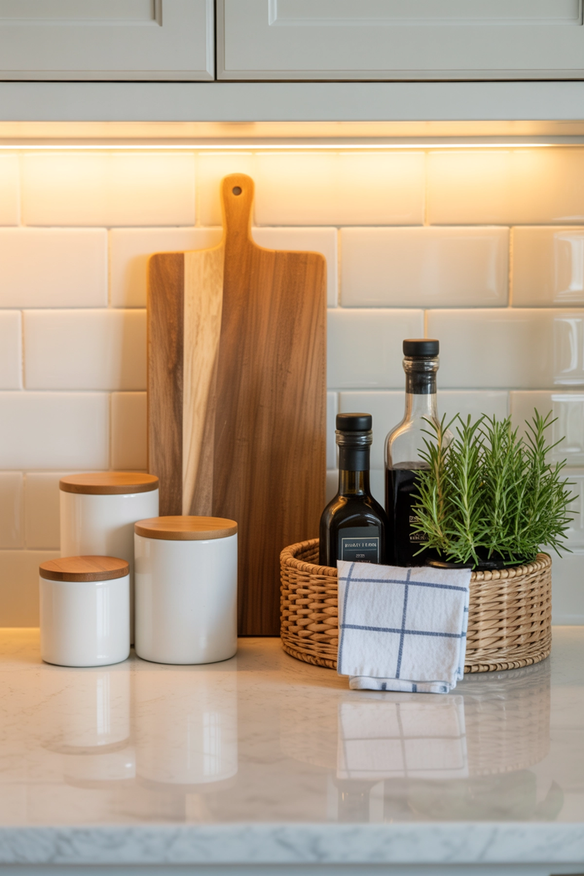 Kitchen countertop with white canisters, wooden cutting board, basil plant, oil bottles in a wicker basket under warm lighting.