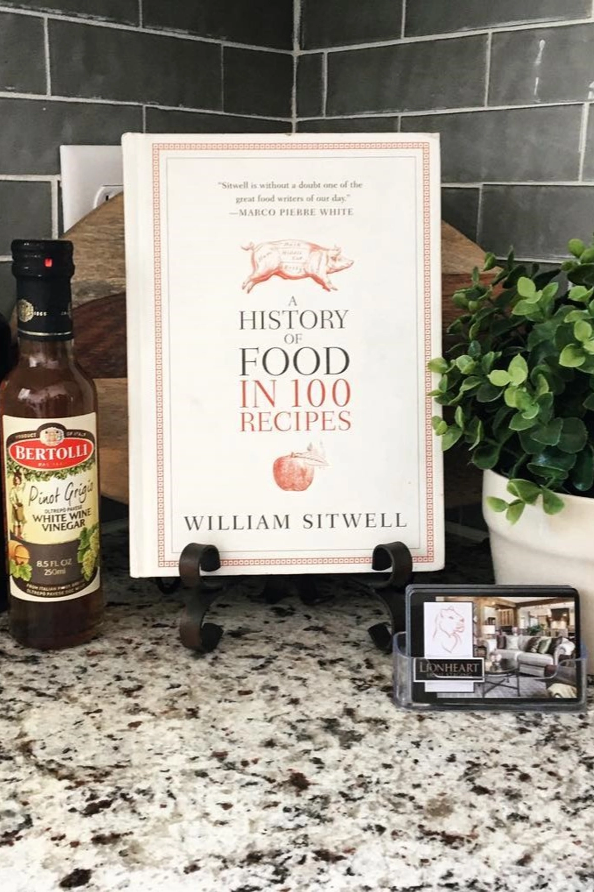 Granite kitchen countertop with a cookbook on a stand, small plant in a pot, vinegar bottle, and business cards.