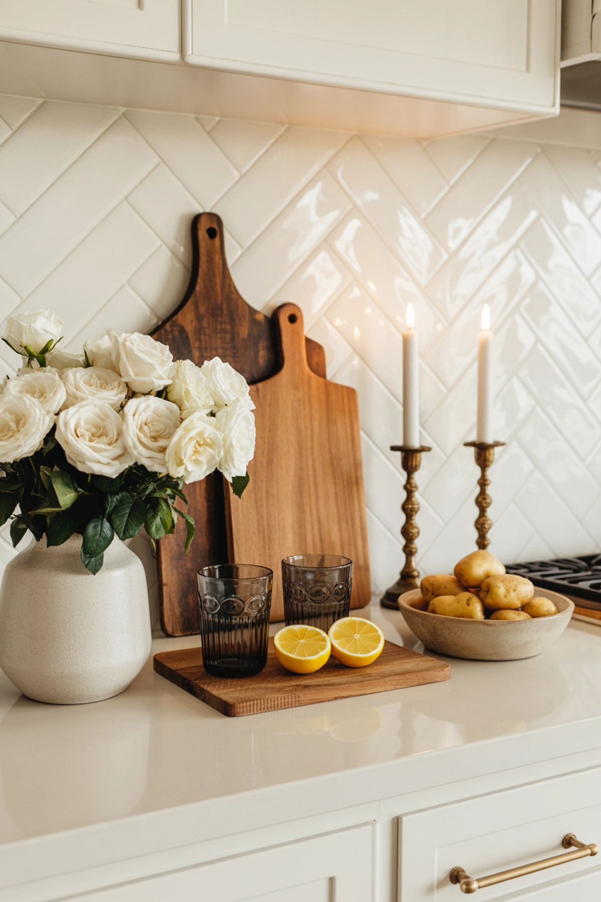 Kitchen countertop with white roses in a vase, cutting boards, lit candles, lemons, and potatoes in front of white tile backsplash.