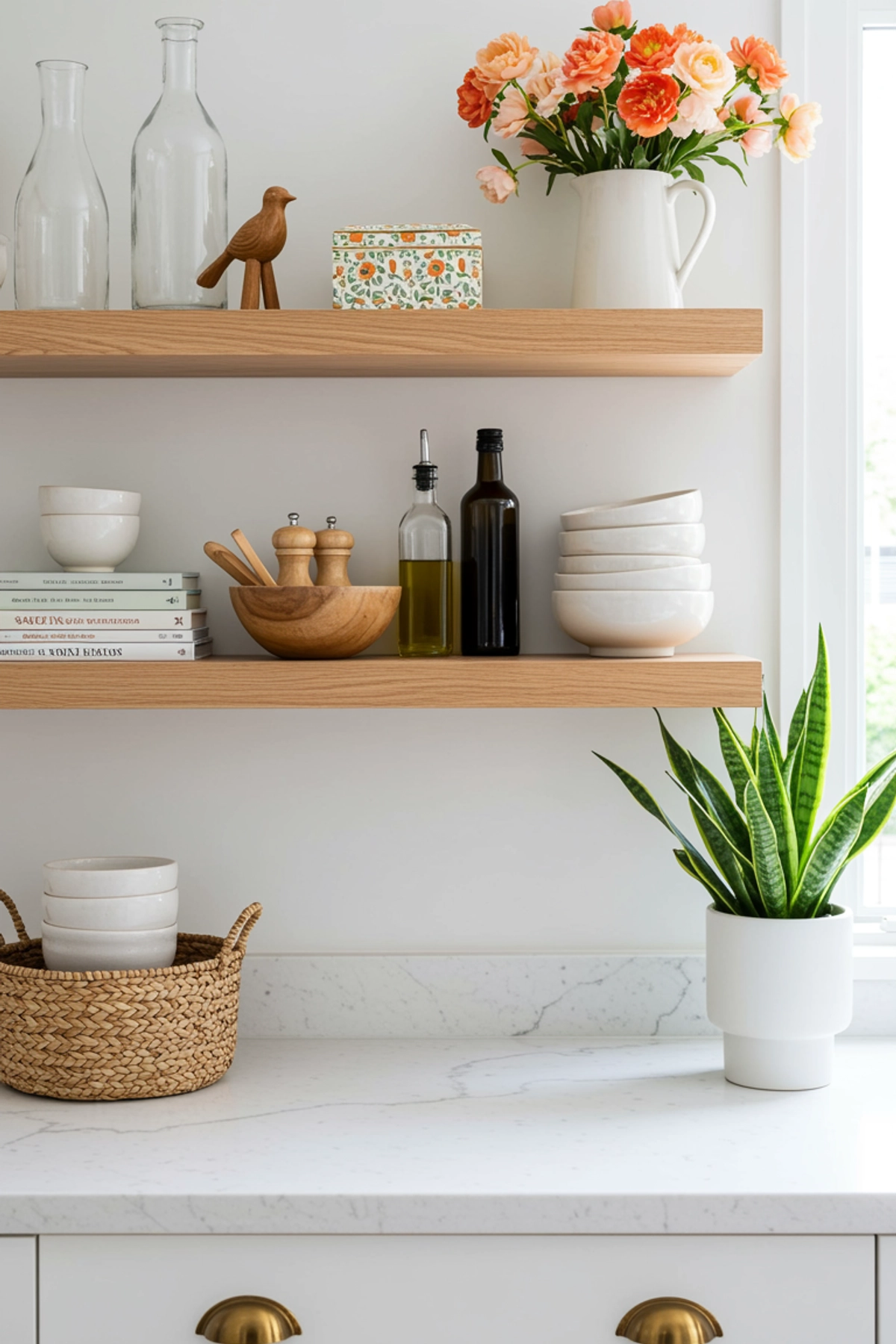 Kitchen with wooden shelves holding glass bottles, a wooden bird, floral vase, olive oil bottles, and bowls on marble countertop.