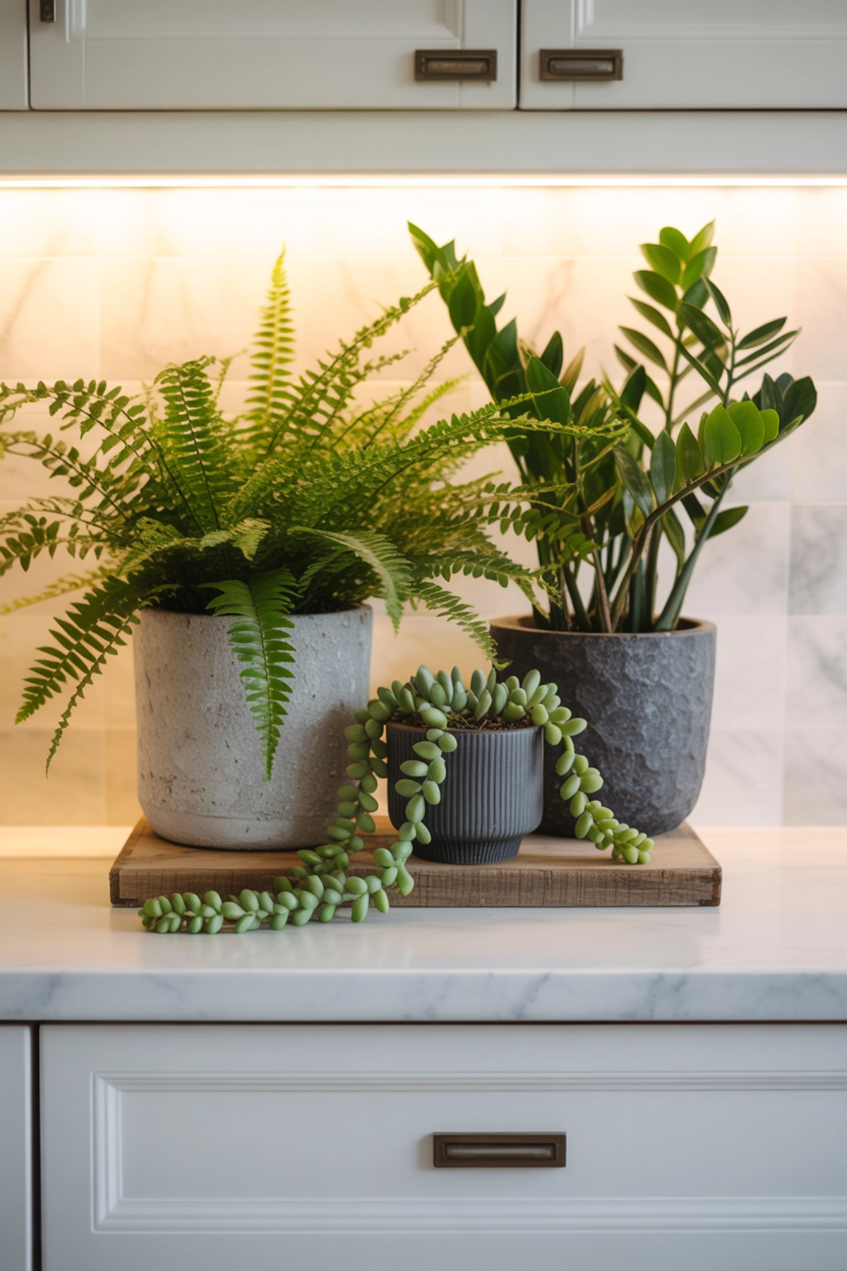Kitchen countertop with marble surface featuring potted ferns and succulents under warm lighting.