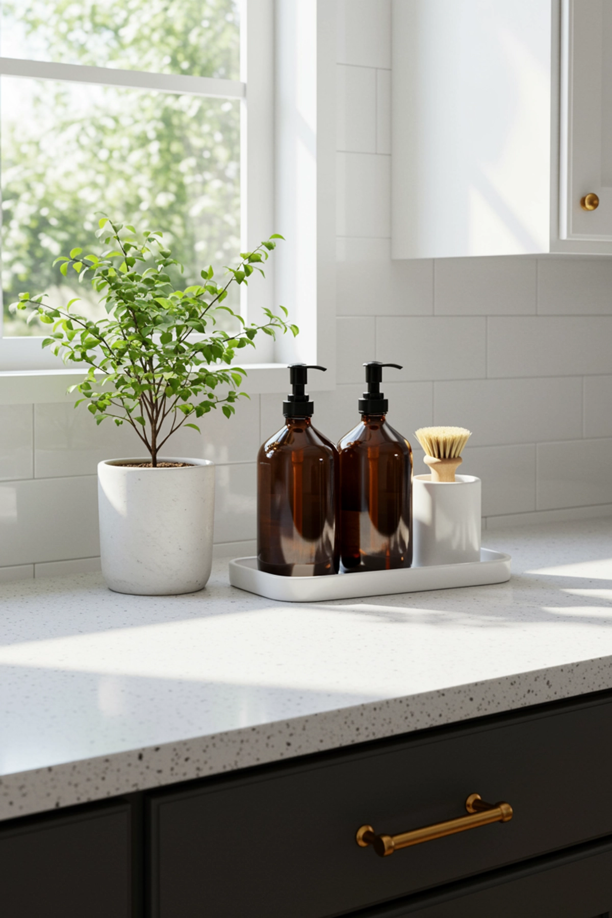 Bright kitchen countertop with potted plant, amber soap dispensers, and scrub brush in front of window.