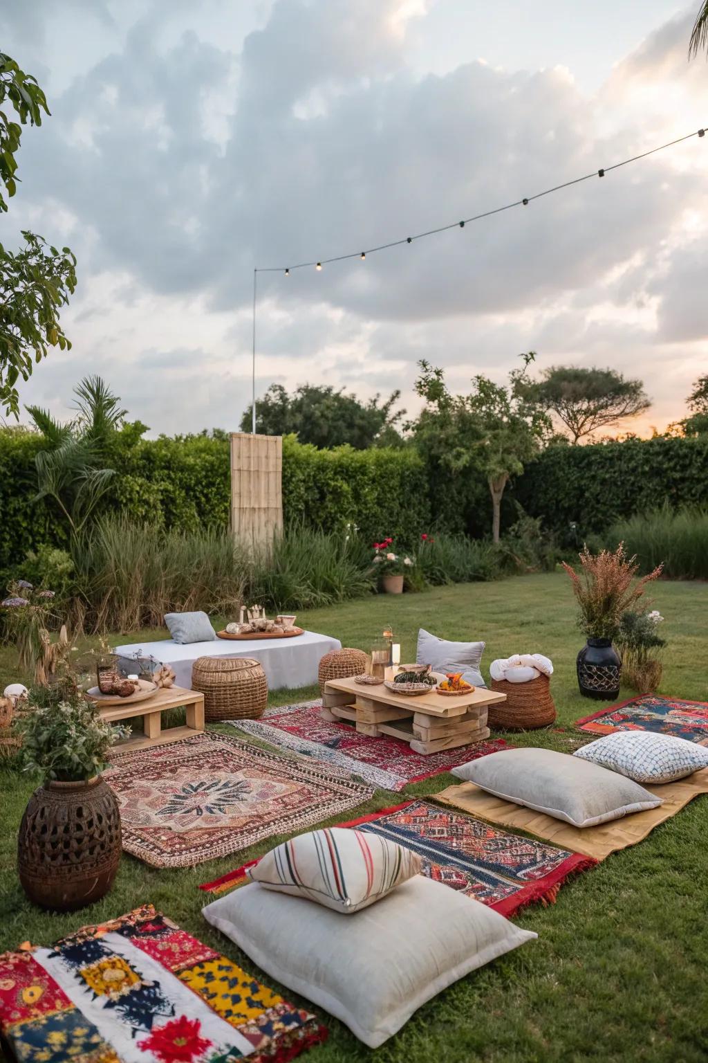 Relax and enjoy a bohemian-style outdoor meal with friends.