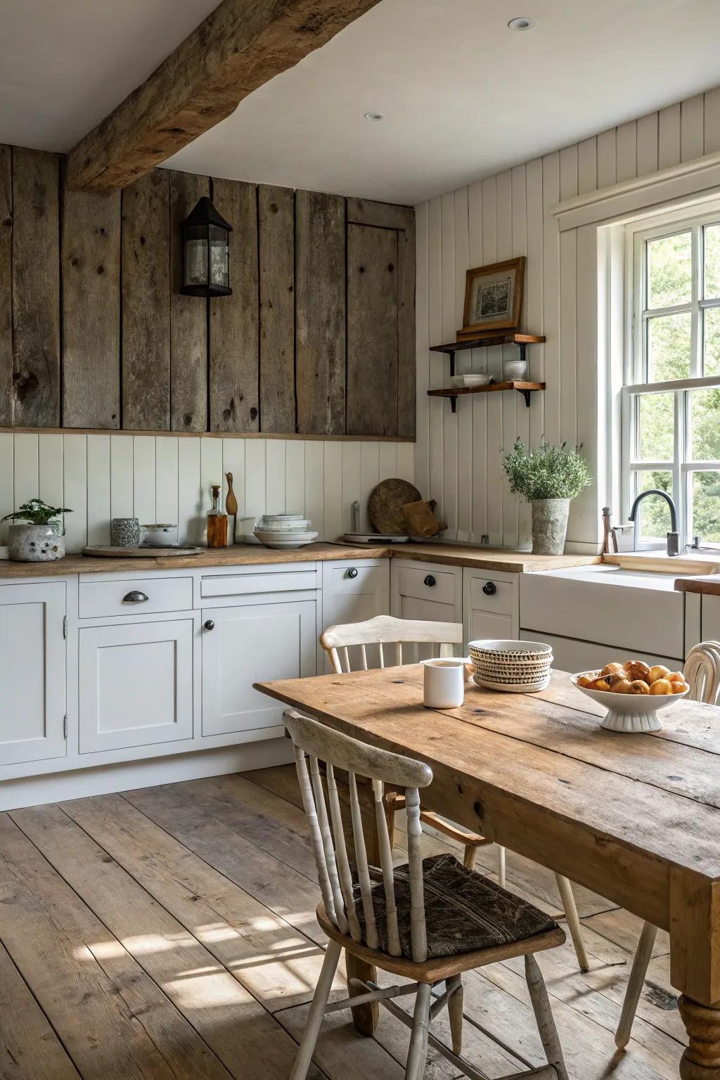 A farmhouse kitchen featuring a weathered wood panel backsplash.