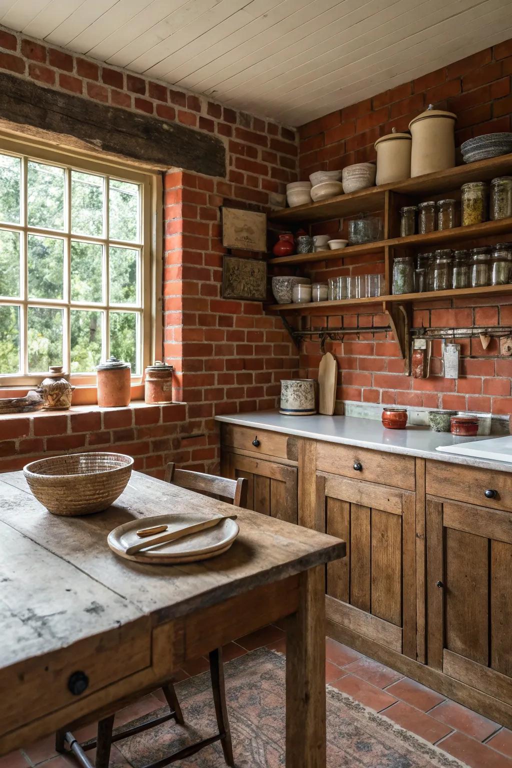 A farmhouse kitchen showcasing a classic red brick backsplash.