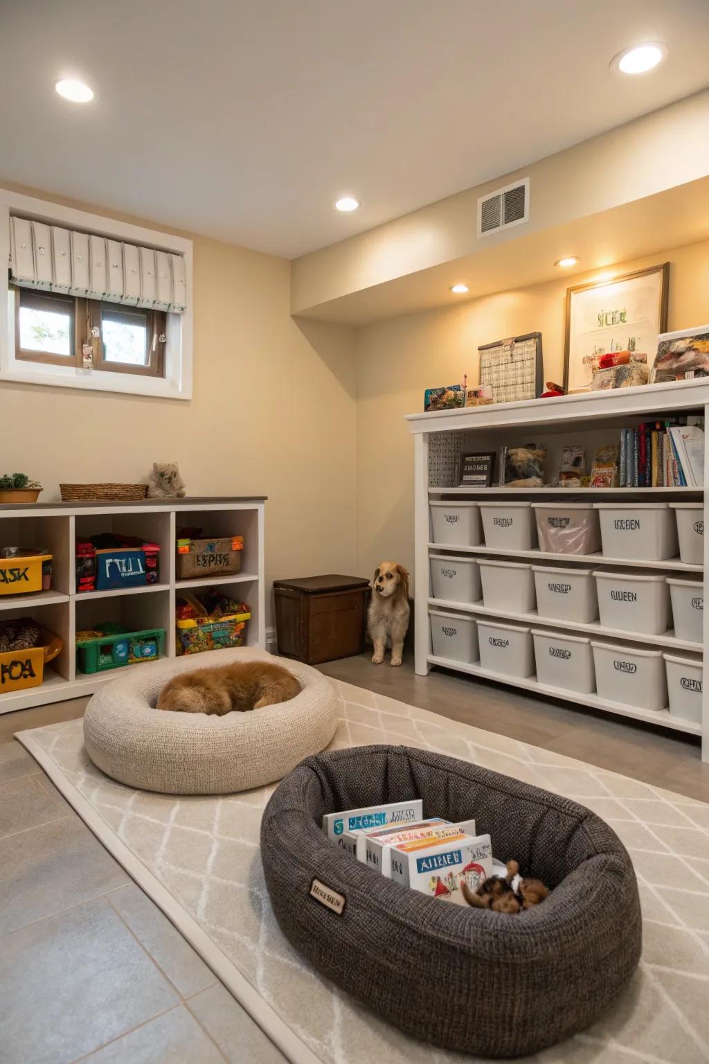 A dedicated space for pets provides comfort and organization for you and your furry friends.
