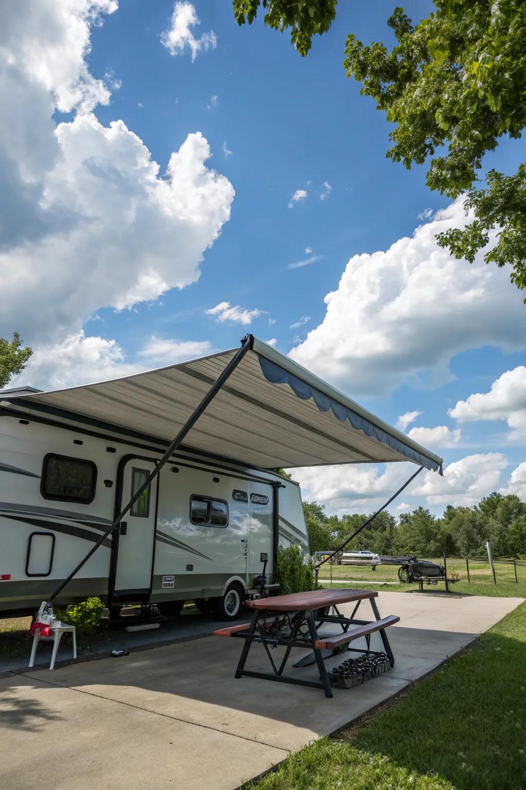 Awnings offer comfort and protection from sun and rain.