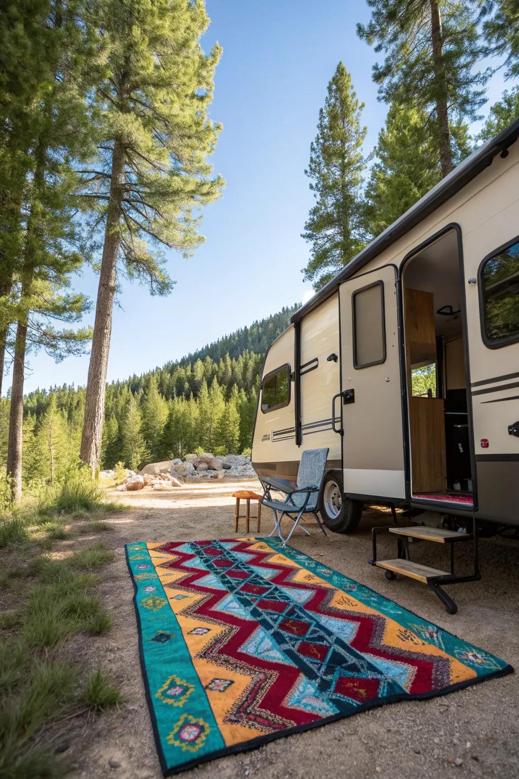 An outdoor rug imparts warmth and flair to your RV campsite.