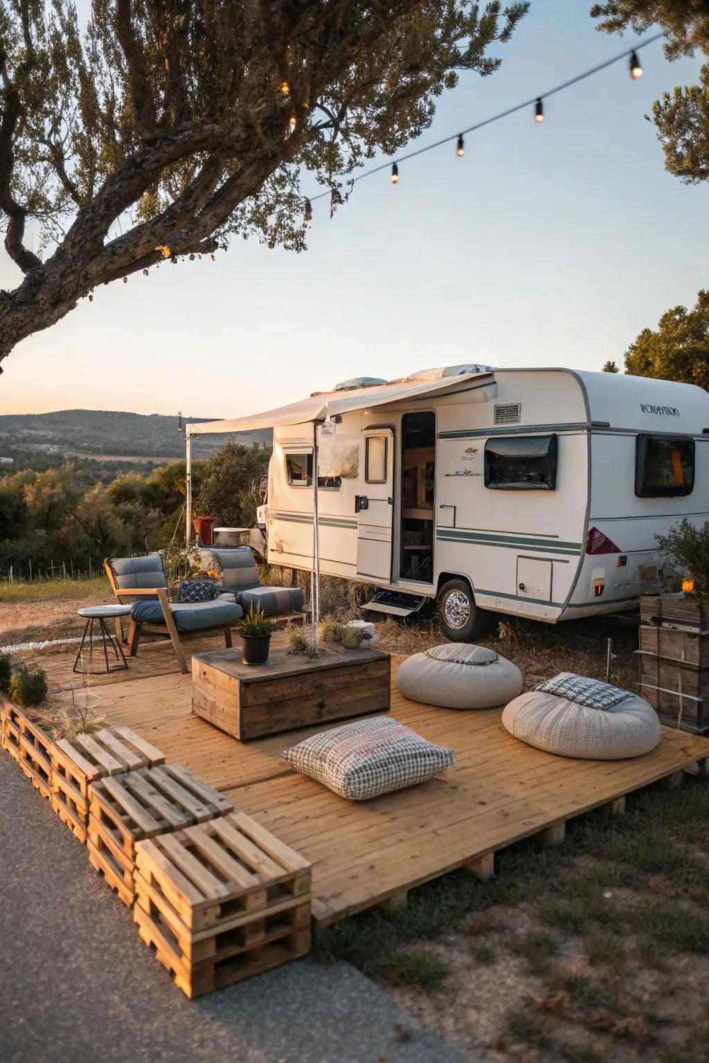 A provisional patio adds style and comfort to your campsite.
