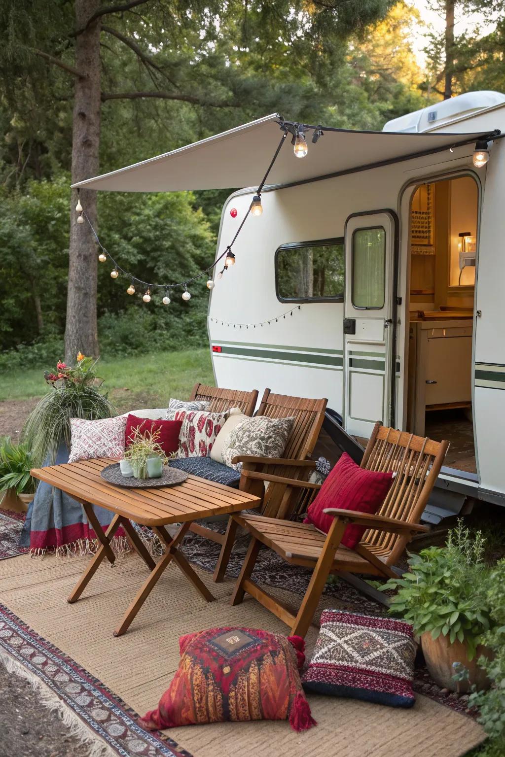Soft furnishings introduce color and coziness to your campsite.